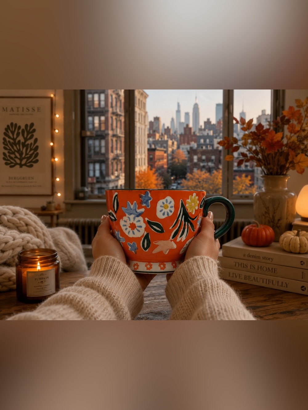Autumn Coffee Mug Hand Painted Floral Ceramic Fall Tea Cup Large Orange Pumpkin